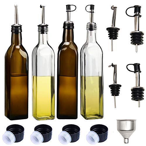 RUCKAE Olive Oil Dispenser Set,4 pcs 17oz Olive Oil Bottles + 4 pcs Olive Oil Spout+Funnel,Olive Oil Bottle and Vinegar Bottle Glass Set for Kitchen (4 PACK)