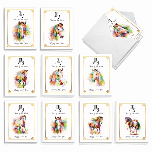 The Best Card Company 20 Assorted Lunar New Year Notes Box Set 4 x 5.12 Inch with Envelopes (10 Designs, 2 Each) Year Of The Horse AM10001LNG-B2x10