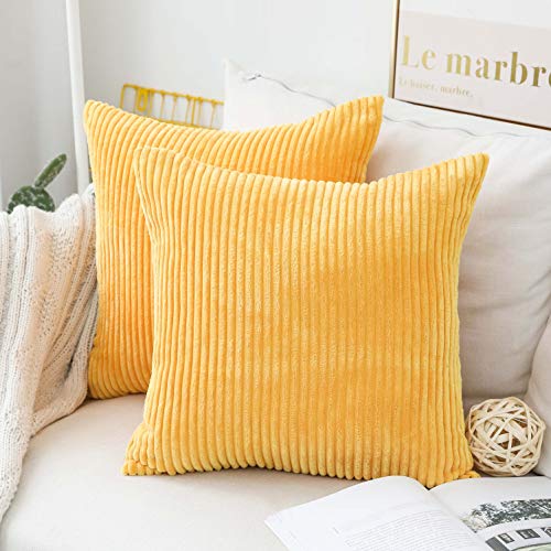 Home Brilliant Yellow Throw Pillow Covers 18x18 Set of 2 Super Soft Couch Pillow Covers Decorative Striped Corduroy Mustard Throw Pillows for Couch Bed Summer, 18 x 18 inch, Sunflower Yellow