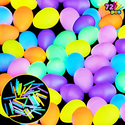 JOYIN 72 PCs Easter Eggs with Mini Glow Sticks for Kids Glow-In-The-Dark, Easter Basket Stuffers Fillers Gift, Easter Theme Hunt Game Party Favors Decorations Supplies, Classroom Prizes.