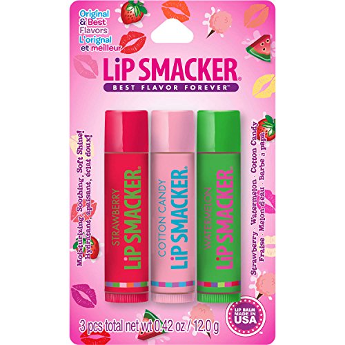 Lip Smackers Flavored Lip Balm Trio Original & Best, Strawberry Watermelon, Cotton Candy, Clear Matte, For Kids, Women, Men,3 Count (Pack of 1)