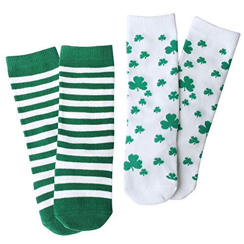 OLABB St. Patrick's Day Baby Toddler knee high socks Shamrock/Clover Green and White Striped Gift Set 2 Packs