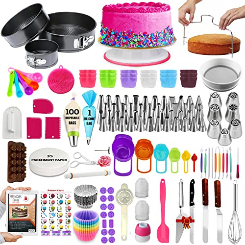 Cake Decorating Kit with Baking Supplies- RFAQK Cake Decoration Set including Springform Pans, Cake Turntable, Numbered Piping Tips, Icing Spatulas, Fondant tools & much more (500Pcs)