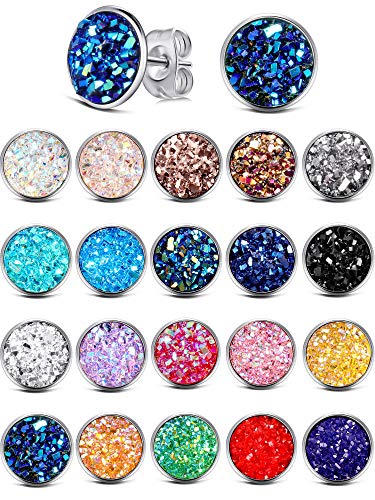 Yaomiao 20 Pairs Round Stud Earrings Stainless Steel Druzy Studs Earrings Set Anti Sensitive Fits Women Girl Mothers Day Gift