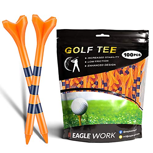 EAGLE WORK Plastic Golf Tees, Pack of 100(2-3/4'') 4 Prongs Golf Tees, More Durable and Stable, Reduces Friction & Side Spin Plastic Tees