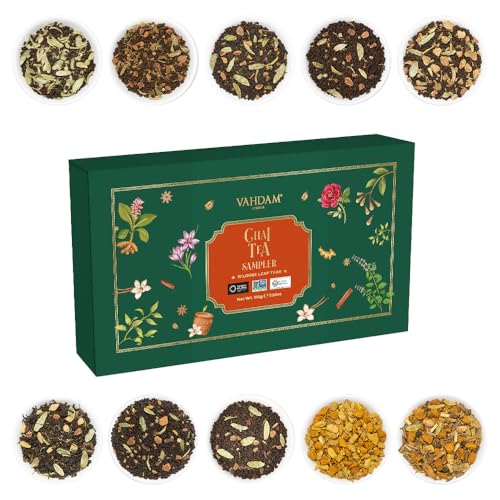 VAHDAM, Assorted Chai Tea Loose Leaf Tea Sampler (10 Flavours, 50+ Servings) Indian Exotic Chai Tea Blends in Individual Resealable Ziplock pouch I100% Natural Ingredients | Loose Tea Gift Set