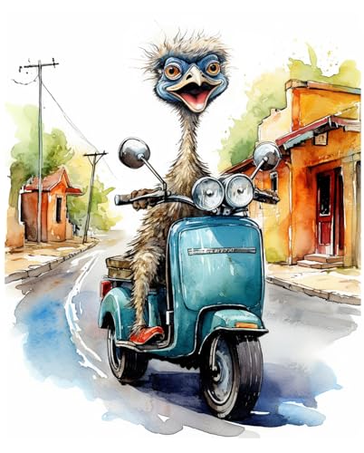 Funny Emu Riding Moped 11'x14' Unframed Wall Art Print - Cute Cheerful Animal Print and Funny Motor Scooter Humor Wall Art Print for Fun Decor, Ideal for Office, Bathroom, Garage, Home