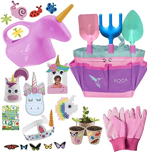 ROCA Home Kids Pink Gardening Tools with STEM Learning Guide and Unicorn Crafts. Tote Bag, Watering Can, Shovel, Rake and Trowel