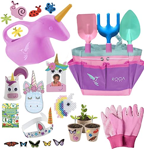 Kids Pink Gardening Tools with STEM Learning Guide by ROCA Toys. Tote Bag, Watering Can, Shovel, Rake and Trowel