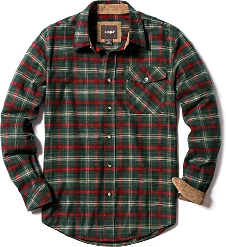 CQR Men's All Cotton Flannel Shirt, Long Sleeve Casual Button Up Plaid Shirt, Brushed Soft Outdoor Shirts, Plaid Holiday Mood, Large