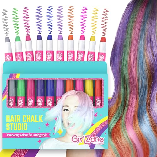 GirlZone Hair Chalks Set, 10-Piece, Easy to Apply and Remove, Temporary Multicolor Hair Color for Kids Dress Up Parties, Role Play, Gift-Ready Vibrant