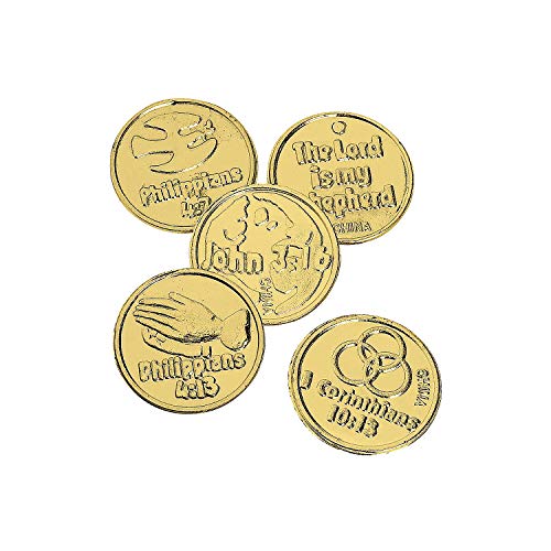 Fun Express Religious Bible Verse Gold Coins - 144 pieces - Sunday School Supplies and VBS Prizes - VBS Vacation Bible School Supplies/Decor