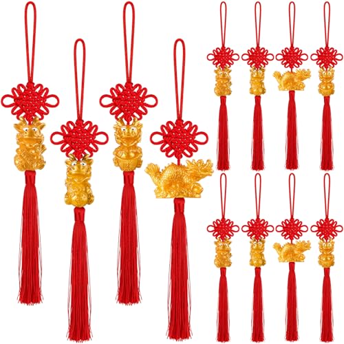 Geosar 12 Pcs 2024 Chinese New Year Dragon Charm Red Knot 2024 Chinese New Year Decorations of Dragon Tassel Chinese Knot Chinese Feng Shui Decorations for New Year Wealth Good Luck (Chinese Knot)