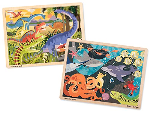 Melissa & Doug Animals Wooden Jigsaw Puzzles Set - Ocean Pals and Dinosaurs (24 pcs each)
