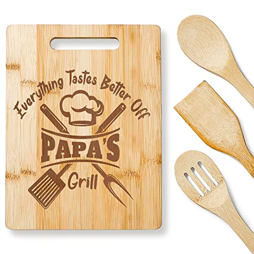 KITCHENVOY Dad Cutting Board Everything tastes better off Papa - Dad Gifts on Birthday - Engraved Bamboo Cooking Board Gift Set for Papa, Stepfather, Godfather - Gifts for dads from Son