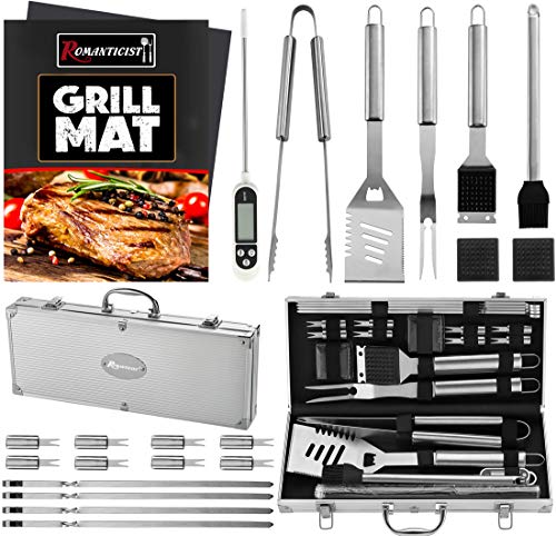 ROMANTICIST 23pc Must-Have BBQ Grill Accessories Set with Thermometer in Case - Stainless Steel Barbecue Tool Set with 2 Grill Mats for Backyard Outdoor Camping - Father's Day Best Barbecue Gift