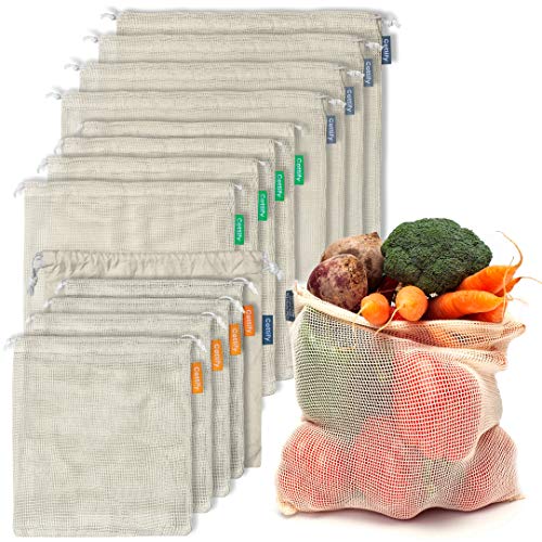 12+1 Reusable Produce Bags Grocery Washable, Organic Cotton Mesh Produce Bags, Double-Stitched & Tare Weigh, Mesh bags for vegetables, Cotton Produce Bags Reusable Washable, Produce bag 4xS, 4xM, 4xL