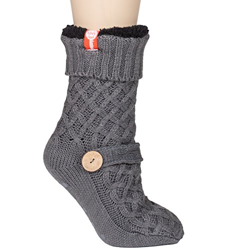 Womens Sweater Design Super Thick Comfy Non-Skid Slipper Socks (Charcoal Grey)