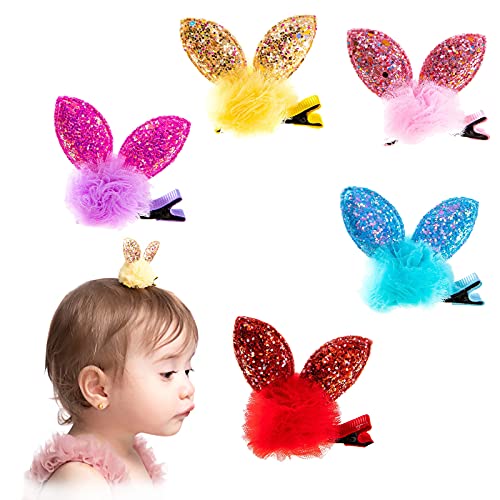 Joyeee Baby Girl's Hair Clips, 5 Pcs Cute Glitter Rabbit Ears Shape Hair Bows Barrettes For Baby Girls Toddlers Kids, Flower Girls Hair Bands for Birthday Party Gift, New Year Gifts for Kids 1-8 Years