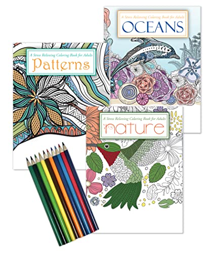 ZOCO - Gift Pack: 3 Adult Coloring Books Set with Colored Pencils - Oceans, Patterns, and Nature Coloring Books - Includes 10 Pre-sharpened Coloring Pencils