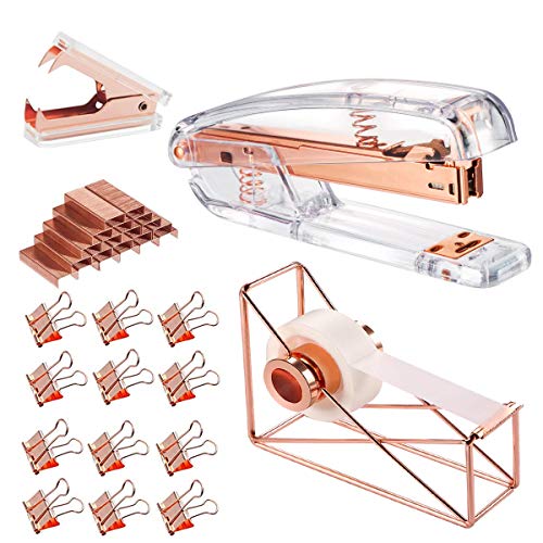 Rose Gold Office Supplies Set - Stapler, Tape Dispenser, Staple Remover with 1000 Staples and 12 Binder Clips, Luxury Acrylic Rose Gold Desk Accessories & Decorations
