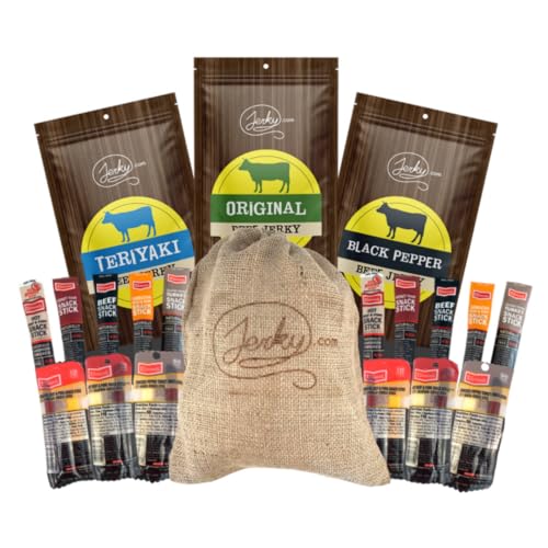 Jerky.com 19 Piece Beef Jerky Gift Bag - 3 Flavors of Beef Jerky and 16 Assorted Meat and Cheese Sticks - Unique Gift Basket for Men