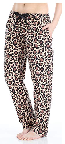 PajamaMania Women's Cotton Flannel Pajama PJ Pants with Pockets, Brown Leopard, Medium
