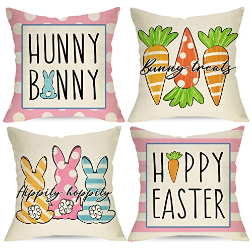 Ussap Happy Easter Hunny Bunny Pink Decorative Throw Pillow Covers 18 x 18 Set of 4, Rabbit Hippity Hoppity Cushion Case Decor, Bunny Treats Carrots Spring Home Decoration for Sofa Couch