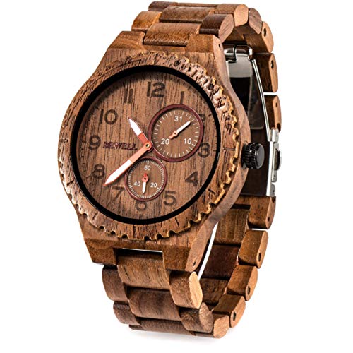 BEWELL Mens Wood Watch Quartz Analog Date Display Luminous Retro Handmade Wooden Wristwatch for Men (Walnut)