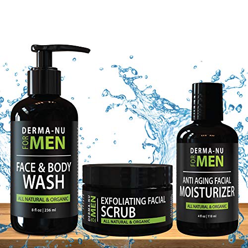 Mens Skin Care Set, Organic Skin Care for Men with Natural Face Wash, Body Wash, Exfoliating Face Scrub and Anti Aging Face Moisturizer, Our Mens Grooming Kit Refreshes Skin, Hydrates and Fights Acne