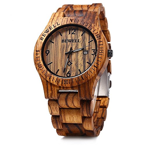 Bewell W086B Mens Wooden Watch Analog Quartz Lightweight Handmade Wood Wrist Watch (Zebra Wood)