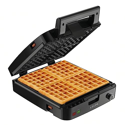 KRUPS: Waffle Maker, Stainless Steel, 4 Slices, 1200 Watts Square, 5 Browning Levels, Removable Plates, Dishwasher Safe, Belgian Waffle Silver and Black