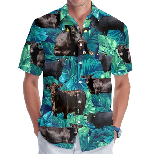 Black Angus Men's Hawaiian Shirt, Cow Button Shirt for Men, Cow Casual Shirt Men, Dad Gifts, Birthday Gift for Men Farmer (Large)