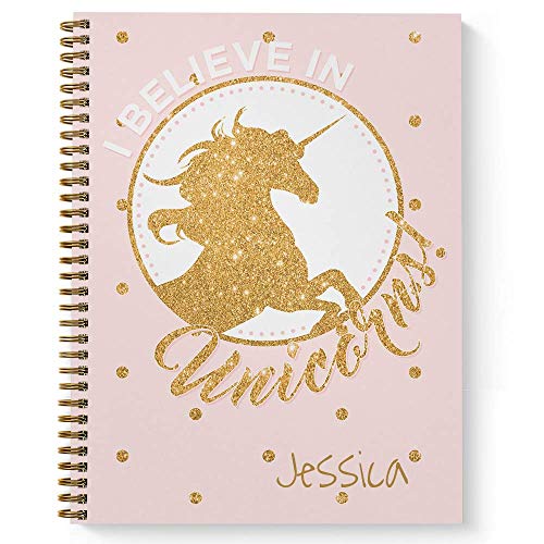 Gotcha Covered Notebooks Golden Unicorn Personalized Faux Glitter Notebook/Journal, Laminated Soft Cover, 120 pages of your selected paper, lay flat wire-o spiral. Size: 8.5” x 11”. Made in the USA