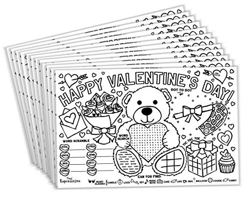 Tiny Expressions – Valentine's Day Placemats for Kids (Pack of 12 Valentine Placemats) | Coloring Activity Paper Mats for Kids Table | Disposable Bulk Bundle Set (12 Paper Placemats)