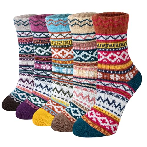 5 Pairs Womens Cold Weather Soft Warm Thick Knit Crew Casual Winter Wool Socks,Multicolor 01,One Size