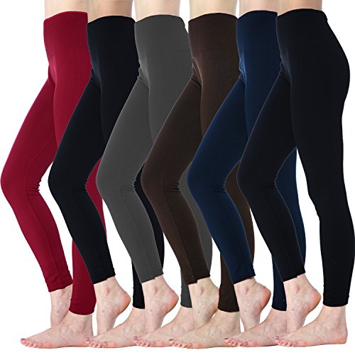 Women High Waist Leggings Fleece Lined-Seamless,Ankle Length 6 Pack M-L Black/Burgundy/Charcoal/Brown/Navy