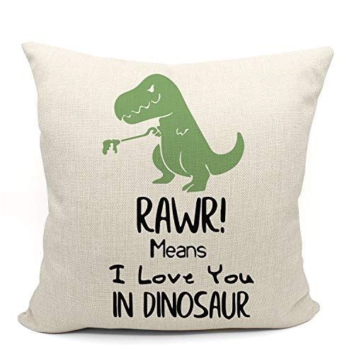 Mancheng-zi RAWR Means I Love You in Dinosaur Pillow case for Son, Daughter, Children, Dinosaur Room Decor, Funny Tyrannosaurus Cotton Linen Cushion Cover Decoration for Sofa Couch Bed 18 x 18 Inch