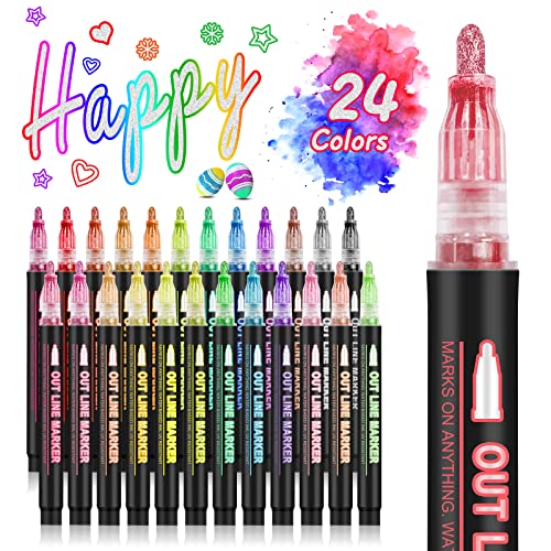 24-Color Metallic Outline Markers for Kids - Double Line Glitter Pens for Drawing, Cards & Crafts