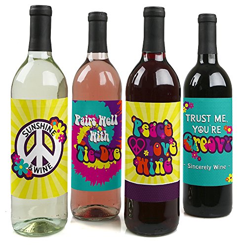 60's Hippie - 1960s Groovy Party Decorations for Women and Men - Wine Bottle Label Stickers - Set of 4