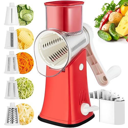 5 in 1 Cheese Grater, Cheese Grater Hand Crank,Rotary Cheese Grater, Replaceable Stainless Blades Cheese Shredder, Mandoline Slicer, Easy to Clean Rotary Grater with Storage Box