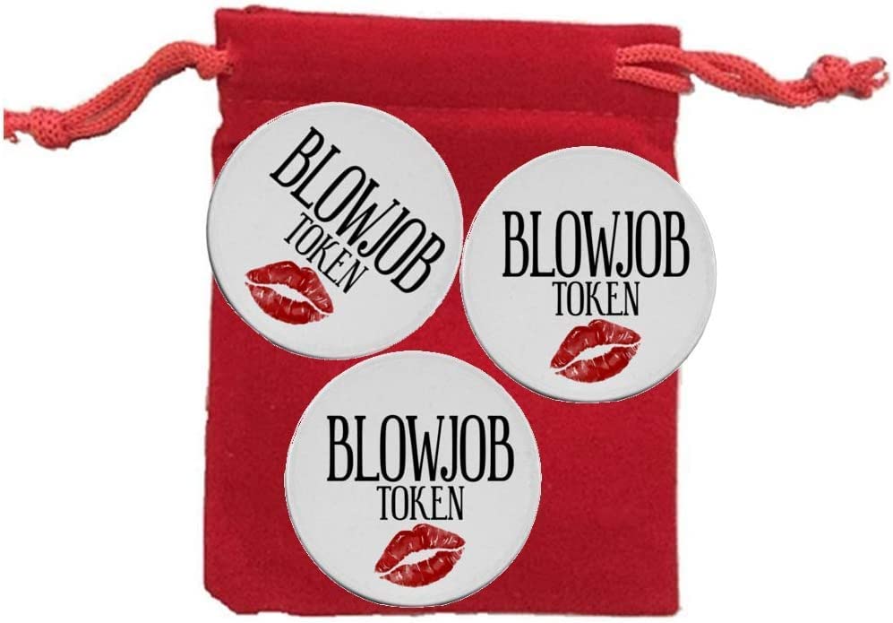 Blowjob Tokens for Husband Boyfriend Him Birthday Anniversary Valentines Day 3 Pack Naughty Sex Token 1.5 Diameter Printed 2 Sides with Red Velvet Bag