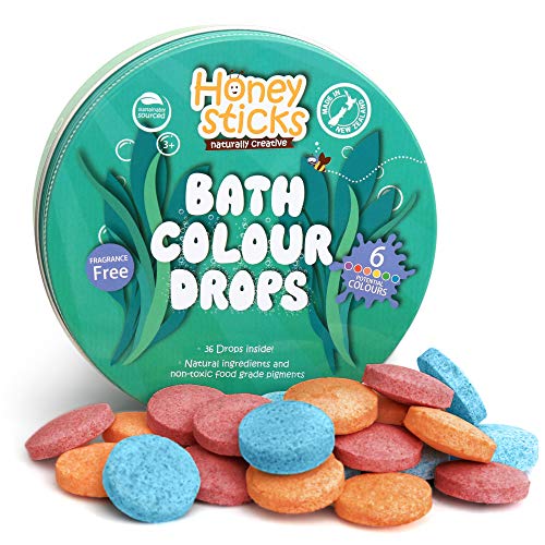 Honeysticks Bath Color Tablets for Kids - Non Toxic Bathtub Drops Made with Natural Ingredients and Food Grade Color - Fragrance Free - Fizzy, Brightly Colored Bathtime Fun, Great Gift - 36 Drops