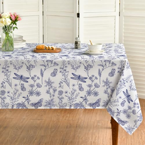 Horaldaily Spring Tablecloth 60×120 Inch Rectangular, Dragonfly Wildflowers Floral Herbs Washable Table Cover for Party Picnic Dinner Decor