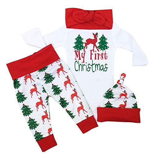 My First Christmas Baby Girl Outfit, 3-6 Months Christmas Tree Print Long Sleeve Romper + Pants + Hat 3Pcs Outfit Set