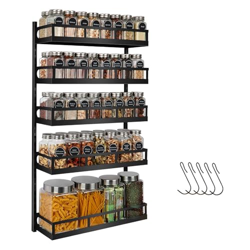 X-cosrack Wall Mount Spice Rack Organizer 5 Tier Height-Adjustable Hanging Spice Shelf Storage for Kitchen Pantry Cabinet, Dual-Use Seasoning Holder Rack with Hooks, Black-Patented