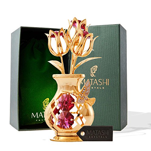 Mothers Day Gift – Crystal Studded Flowers in a Vase Ornament, Beautifully Crafted with 24K Gold, Red Crystals & Decorative Hummingbird - Mothers Gifts - Great Gift Idea for Mom by Matashi