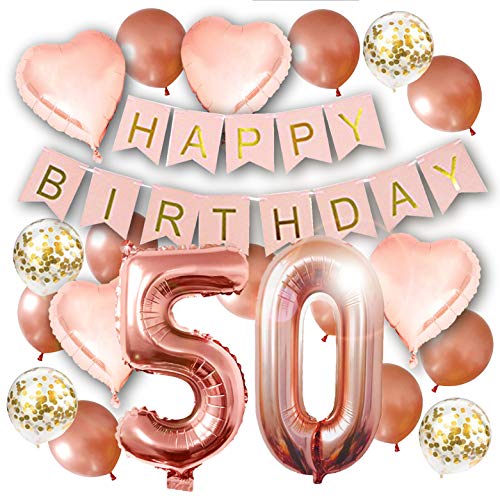 50th Birthday Decorations Women - 40 Inch 50th Rose Gold Balloons, Pink and Gold Happy Birthday Decorations for Women, Happy Birthday Banner, Confetti Balloons, Rose Gold Heart Balloons