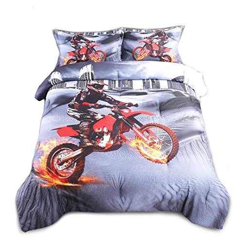 AMOR & AMORE 3D Racing Motorcycle Motocross Bedding Dirt Bike Xtreme Sports Comforter Sets, 3pc Microfiber Men Teen Kids Comforter Boys Full Size Bedding(Full Size)