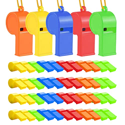 WSYUB 48Pcs Plastic Whistles, Sports Whistle Bulk with Lanyard, Super Loud Training Sports Whistle for Coaches Referees, Colorful Whistles Toy Soccer Whistle Giveaways Party Whistles